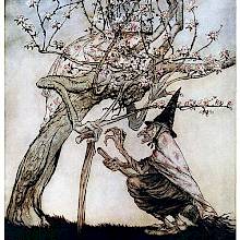 A witch addresses a tree with a human-like face, not seeing a girl hiding in the blossoms