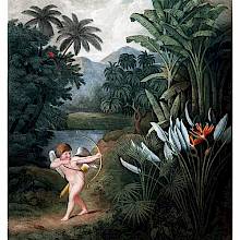 While walking through luxuriant vegetation, Cupid aims his arrow at a group of flowers