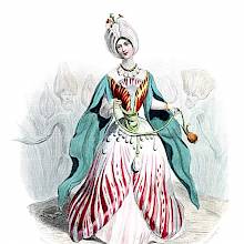 A tulip is depicted as a woman wearing a turban and pearls hanging from her belt