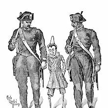 A contrite Pinocchio is seen walking between two stern and imposing policemen