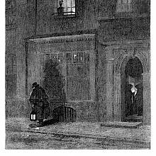 Night scene showing showing the façade of the house where J. M. W. Turner was born