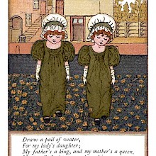 Two girls in mobcaps stand side by side in a garden and stamp the ground dotted with marigolds