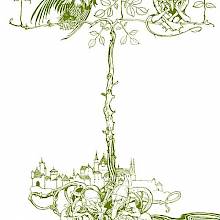 Two gnomes are squatting at the foot of tree on which a bird and an imaginary creature are perched