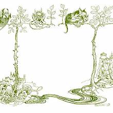 endpapers from Undine joined together & showing a scene with creatures on branches, gnomesetc.