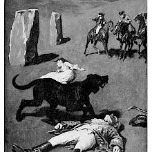 The bodies of a man and a woman lie on a moor, with a large hound between them