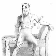 Medical plate showing a sitting man wearing a variety of bandages on his limbs, chest, and head