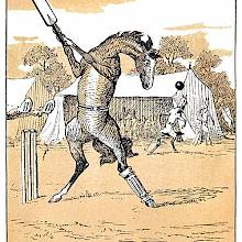 A horse is playing cricket, his bat held high and ready to strike the ball coming at him