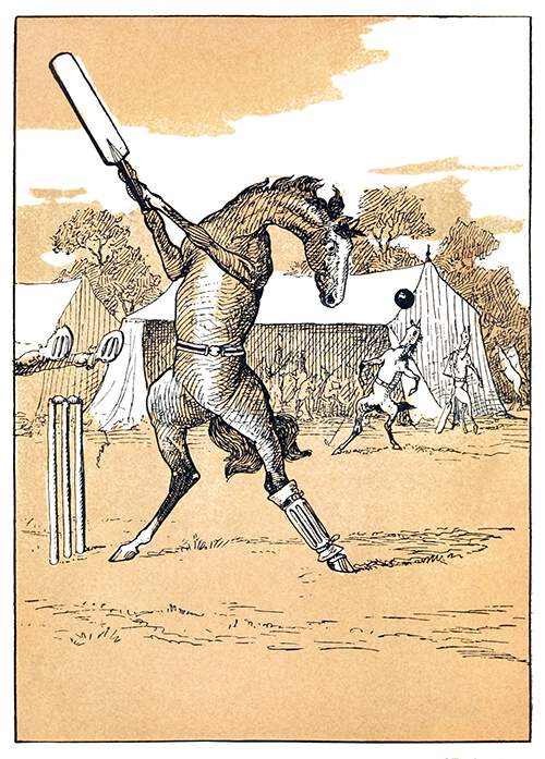A horse is playing cricket, his bat held high and ready to strike the ball coming at him