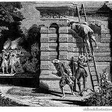 A man climbs up a ladder placed against a wall as a night patrol approaches around the corner