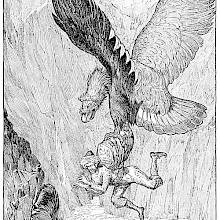 A gigantic eagle swoops and picks up a man in its claws, ready to carry him away