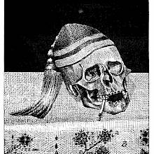 A skull with missing front teeth wears a hat and smokes a cigarette