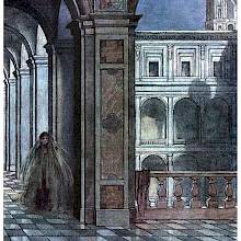 A veiled woman walks at night along a colonnade in the upper floors of a palace