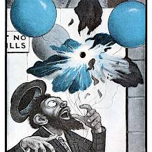 A bearded balloon seller looks up in startled dismay as one of his balloons bursts