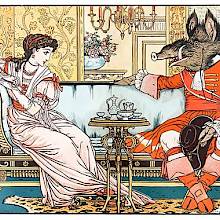 Beauty,and the Beast are having tea in a drawing room, sitting at opposite ends of a sofa