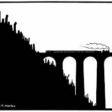 A steam train crosse a viaduct and moves away from a hill lined with crooked chimneys