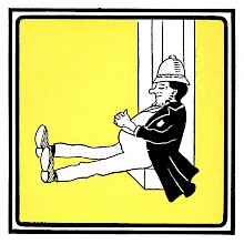 A policeman is reclining fast asleep against a door, his hands resting on his belly