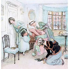 Four women stoop at the door of a sitting room to listen to an argument on the other side