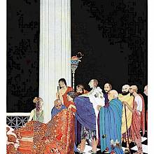 A group of men entering a palace are invited by their hostess to look at a piece of tapestry