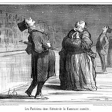 Parisians are out at night, tilting their heads back to catch a glimpse of the comet of 1857
