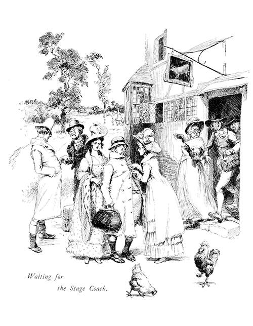 Passengers are seen coming out of a country inn to catch the soon-to-arrive stagecoach.