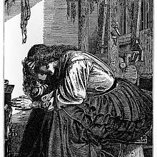 A woman sits with her back to a loom, her forehead resting in one hand and the rest of her face buried in the shadow