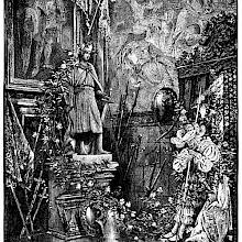 A guard in Landsknecht attire fell asleep under the mineral stare of a king's statue
