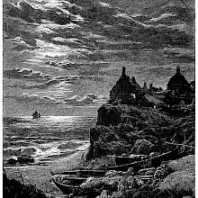 Night landscape showing a creek on a rocky seafront with small fishing boats
