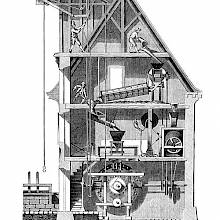 Cut-away section of a watermill showing the activities taking place at the different levels