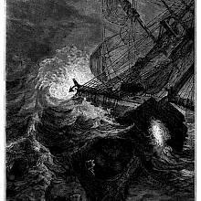 A ship is listing on the sea, the inside of the hold made visible by the artist