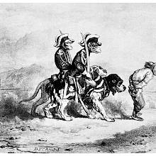 Two monkeys in uniform mounted on dogs escort a prisoner walking in front of them