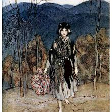 A girl wearing a coat made of cat's hides stands in a landscape of woodland and hills