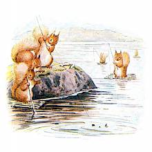 Squirrels are seen fishing in a lake, some standing on a rock, others on small rafts
