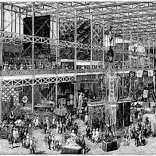 Bird's eye view of the western nave of the Great Exhibition showing stalls of the India department