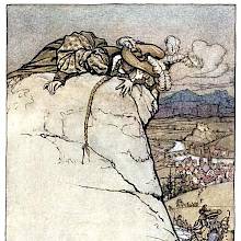 A young woman lies flat at the top of a mountain peak, watching soldiers approach her hiding place