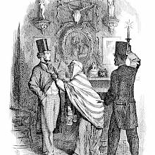 An old woman wearing a shawl and a headdress vehemently grabs a man in a top hat by his lapel