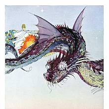 A woman rides a fiery, winged serpent soaring over classical buildings set within a peaceful landscape