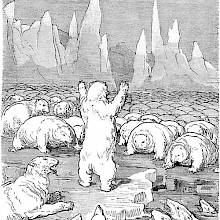 A herd of crawling white bears covers an ice field, surrounding the one bear that stands erect