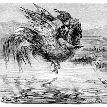 A boy rides a flying rooster over a broad river landscape with bulrushes and water lilies