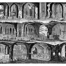 Cross-section of three levels of the Wieliczka Salt Mine showing multiple chambers, stables etc.