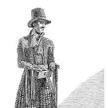 A man in a kilt and a coachman hat and missing both his hands sells boot laces in the street