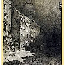 A large eyeballs stare behind the windows of a street as a gigantic head looms over the roofs