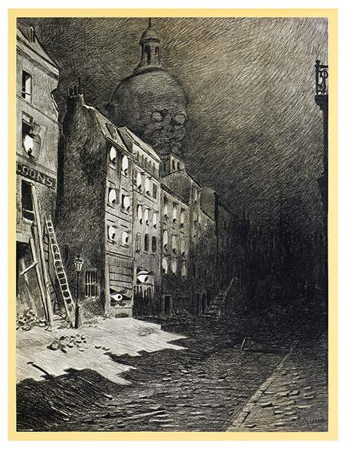 A large eyeballs stare behind the windows of a street as a gigantic head looms over the roofs