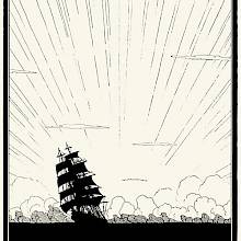 A ship sailing on the ocean is silhouetted against the sky, with sun rays radiating above the clouds on the horizon