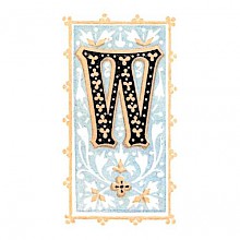 Initial W with foliated design on blueish-gray background and orange border