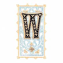 Initial W with foliate design on blueish-gray background and orange border