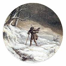 A man with a stick struggles against the wind in a snowy landscape