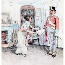 A woman holds out a newspaper to a sergeant so he will not mess up the floor with his muddy shoes