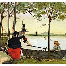 A woman in a pointed hat stands on a river bank and draws in a boat occupied by a girl