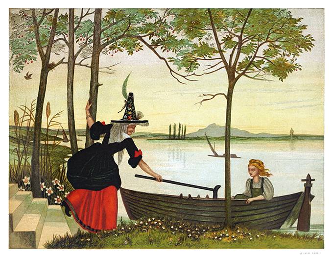 A woman in a pointed hat stands on a river bank and draws in a boat occupied by a girl