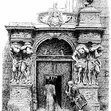 A man walks up to a gate with a portico showing Baroque atlantes as an usher bows to him